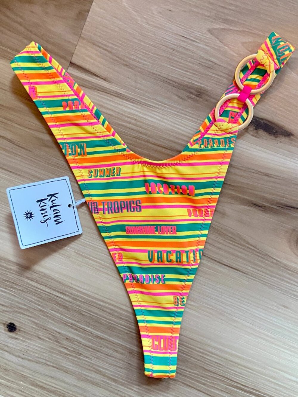 Kulani Kinis High Cut Duo Ring Thong Bikini Bottom - Sunshine Lover - Large NWT
